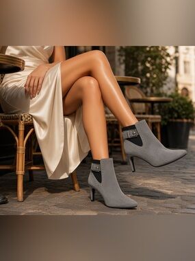 Calvin Klein Women's Grey Suede Heeled Ankle Boot Booties